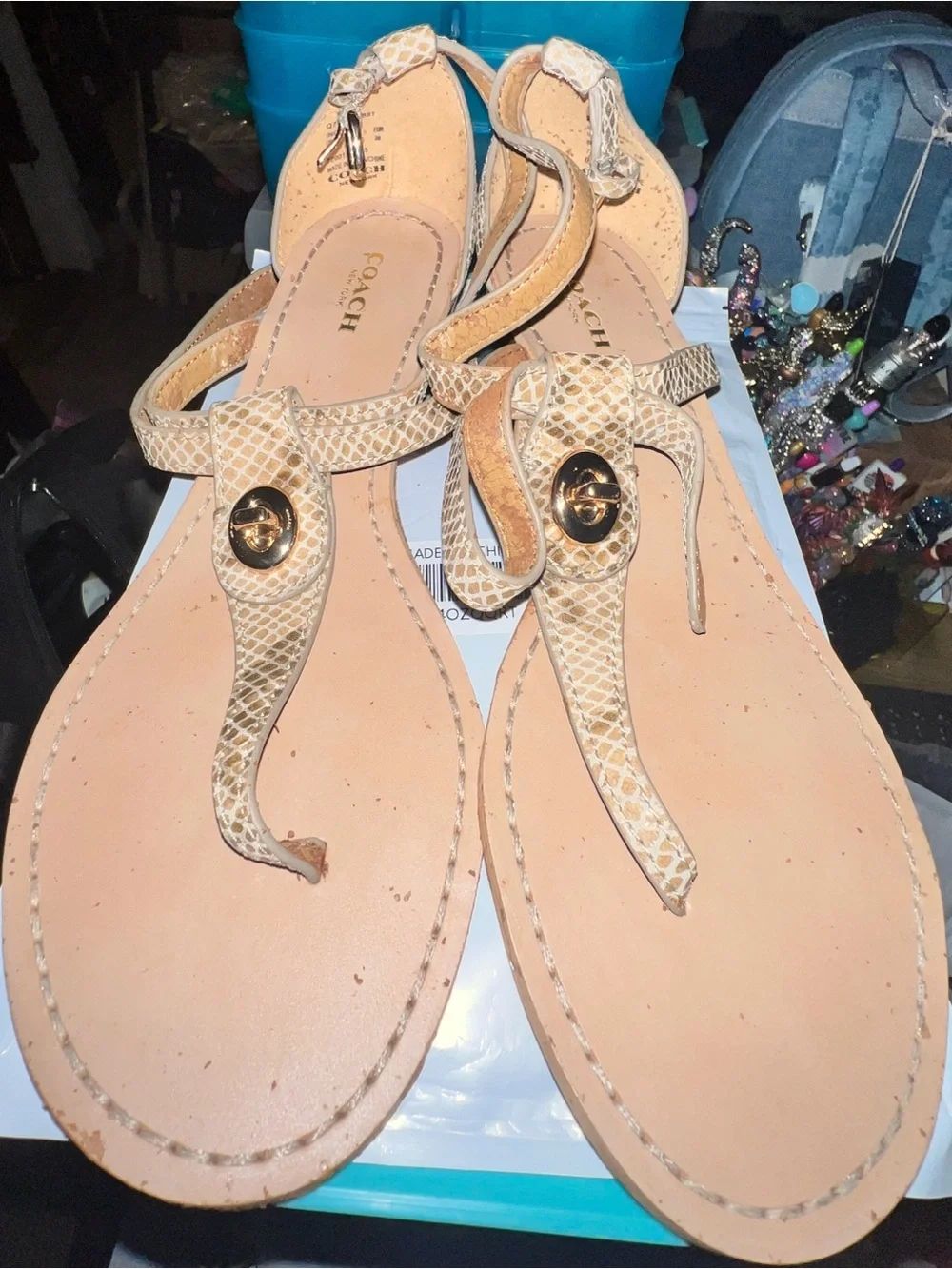 Coach New York Beige Snakeskin Embossed Leather Thong Sandals - Worn once!!